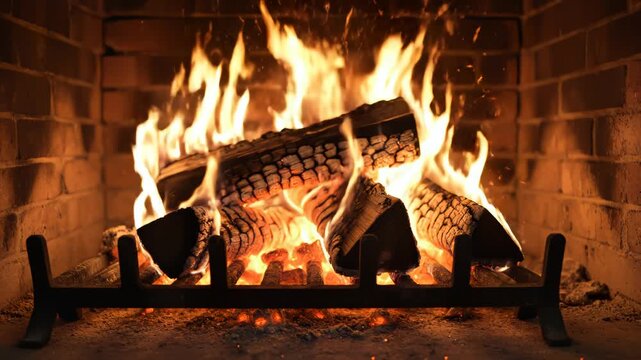 Wood burning in a brick fireplace for commercial advertising, marketing campaigns, and creative projects