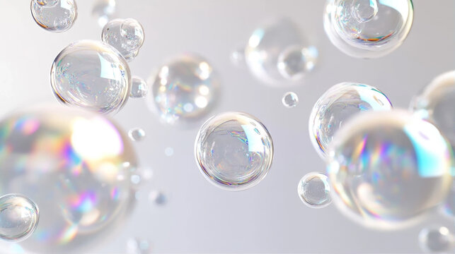 Abstract 3D iridescent floating bubbles with rainbow reflections on light background
