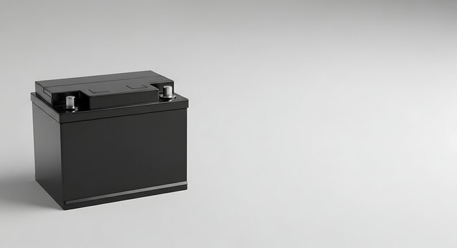 A high-angle studio shot of a 12 volt battery isolated on a clean white background representing automotive power supply and energy storage technology.