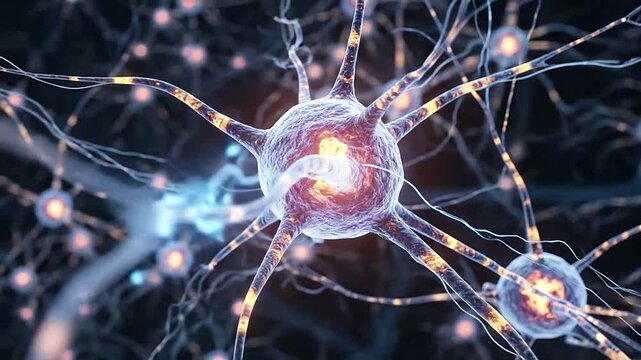 Detailed illustration of a biological neuron cell with connections and glowing energy inside it