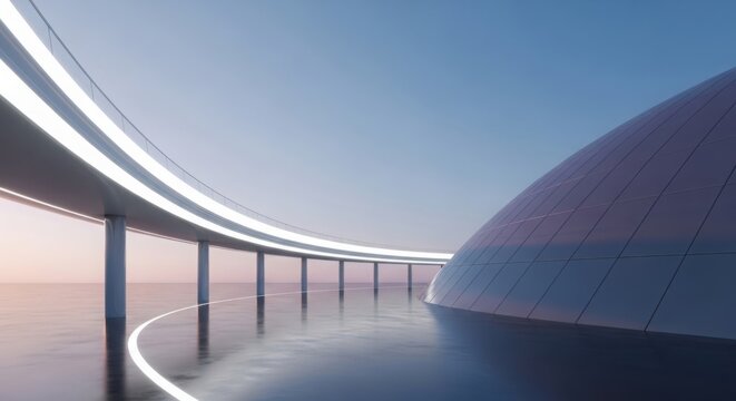 A futuristic curved bridge stretches over a serene body of water towards a large dome-shaped structure at sunset.