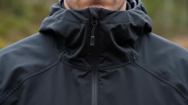 Close-up of man fastening zipper on jacket, highlighting casual clothing detail and everyday dressing routine
