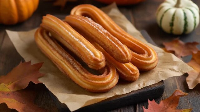 Fried churros with cinnamon sugar on brown paper with pumpkins and autumn leaves