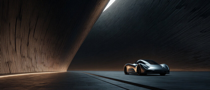 Futuristic silver concept sports car in a minimalist dark architectural interior with dramatic lighting and textured walls