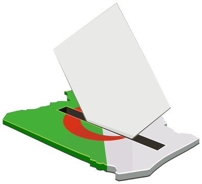 Symbolic representation of the Algerian democratic process featuring a ballot paper being inserted into a voting box shaped like the map of Algeria. (cut out)