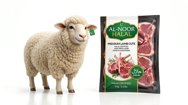 Lamb with halal packaging food and livestock concept on white background