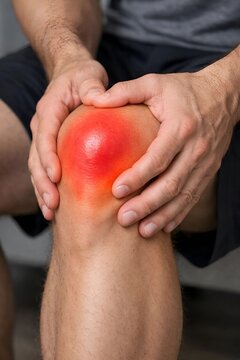 A front-facing view of a person clutching their knee with both hands, where a central red glow indicates acute kneecap pain. This is a powerful visual for osteoarthritis, runner's knee