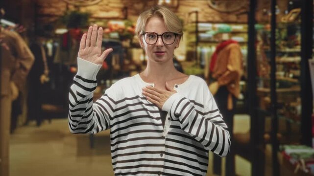Woman with raised right hand and left hand on chest in retail building performing an oath gesture while wearing glasses and striped sweater; sincerity commitment.
