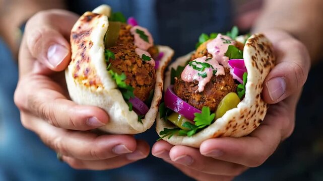 People hold two pita wraps filled with falafel, greens, and sauce in a food setting during a casual meal