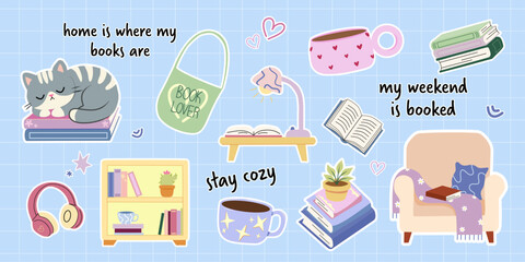 Obraz premium Set of cozy reading stickers. Cute cat sleeping on books, armchair, home library and warm drinks. Inspirational bookish quotes and phrases