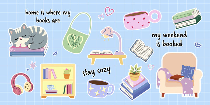 Set of cozy reading stickers. Cute cat sleeping on books, armchair, home library and warm drinks. Inspirational bookish quotes and phrases