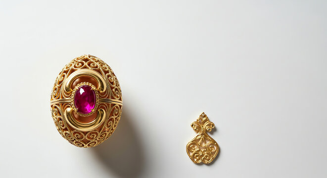Gold jewelry with ruby gemstone on white background  