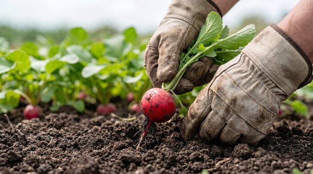 Hands harvesting radish in garden soil.