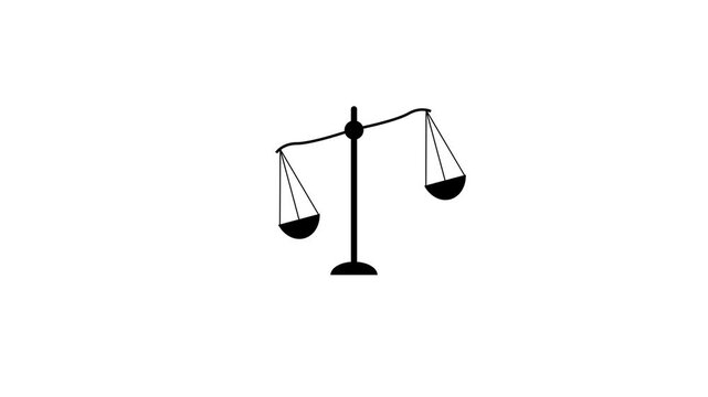 Minimal scales of justice icon animation isolated on white, symbolizing fairness, equality, and legal principles. Modern clean style. 4K animation.