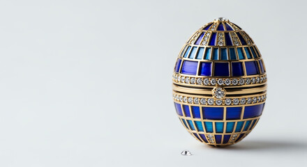 Fototapeta premium Decorative egg with blue and gold detailing on white background 