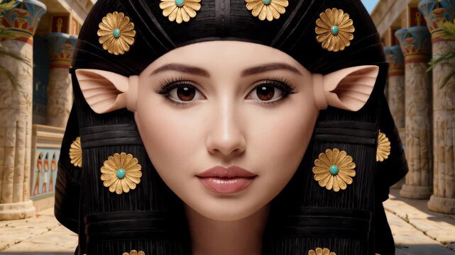 Beautiful Egyptian goddess Hathor with black headdress adorned with gold and turquoise flower ornaments in ancient Egypt temple. Cinematic close-up portrait for mythology projects.