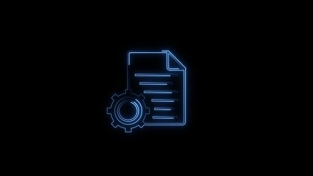 Animated neon document with gear icon on a black background, representing file settings and workflow. 4K motion graphics.