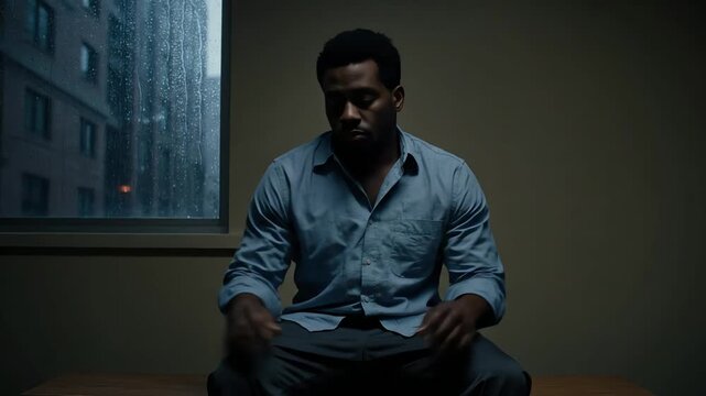 Man indoors seated looking up with a neutral expression near a window
