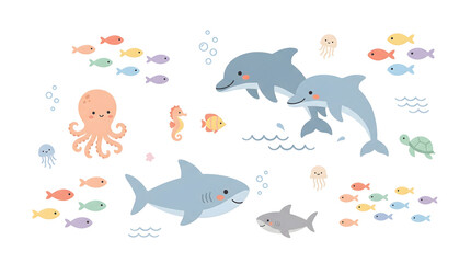 Naklejka premium Cute Cartoon Sea Animals Vector Set. Adorable underwater creatures including dolphins, sharks, octopus, fish, turtle, seahorse, jellyfish.