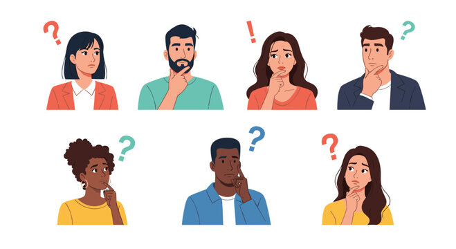 Group of diverse people showing thoughtful and confused expressions with question marks and exclamation points above them.