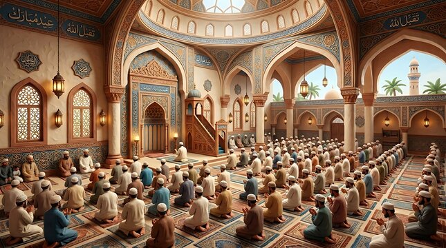 People praying inside ornate mosque during religious ceremony