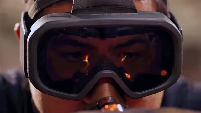 worker wearing protective goggles during welding process, close up of face with sparks reflection in visor, industrial safety equipment, metalwork environment and high risk manufacturing job