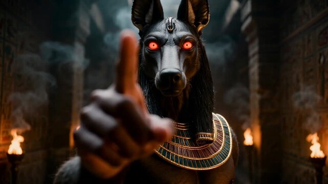 Powerful Anubis god with jackal head walks through burning ancient Egyptian temple with fire and smoke. Epic dark fantasy warrior deity for mythology and cinematic projects.
