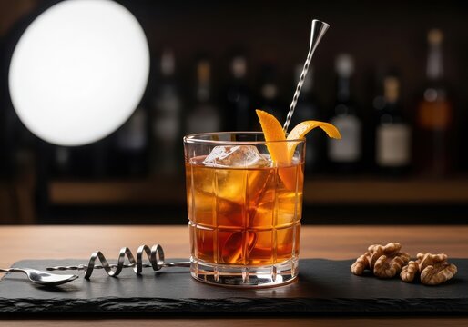 Old fashioned cocktail with orange peel garnish and walnuts on slate