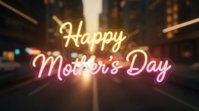 Happy mothers day neon sign on a blurred city street background
