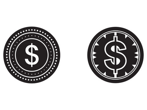 Two black and white dollar coin icons with dollar signs  one with dots and one with triangles