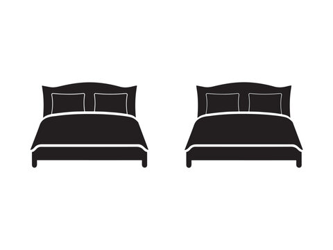 Two black and white silhouettes of beds with pillows and duvets side by side on white background  furniture icons
