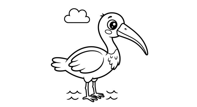 Adorable cartoon ibis bird with a long beak standing in water near a fluffy cloud perfect for children's books educational materials and nature-themed designs bringing a touch of whimsy to any creativ
