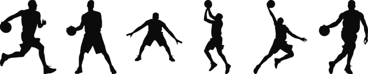 vBasketball player silhouette set, action poses, dribbling, dunking, shooting, defense, walking, running, sport icon, black vector illustration © MSTMONJUARA