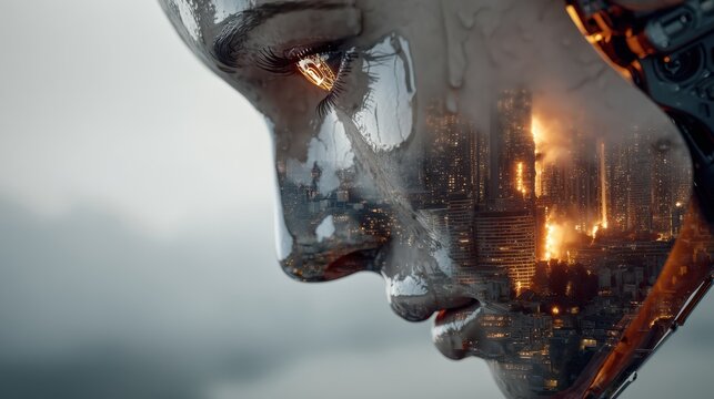 A close-up of a futuristic human face with a reflective surface showing a cityscape burning in flames.