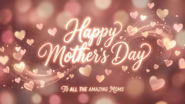 Happy mothers day greeting card with glowing hearts and bokeh background