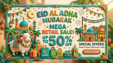 Obraz premium Eid al adha sale advertisement with festive illustrations and discount