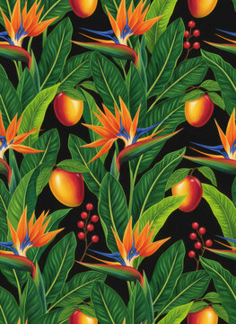 Tropical seamless pattern with mango fruit and bird of paradise flower. Exotic botanical illustration with jungle leaf and berry. Decorative textile print design for summer background.