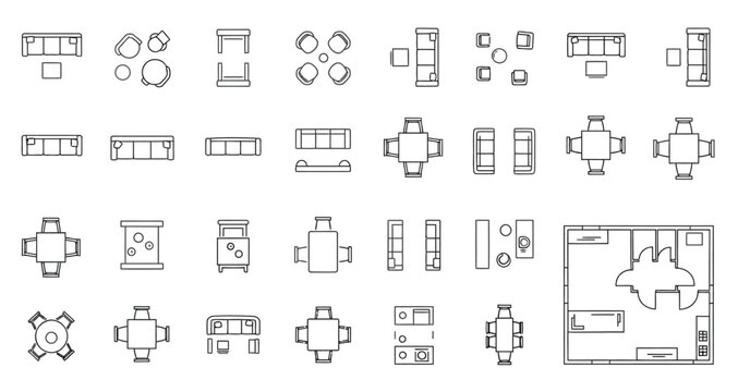 Architectural Floor Plan and Furniture Top View Elements Set