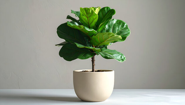 A vibrant Fiddle Leaf Fig tree stands gracefully in a minimalist ceramic pot against a neutral backdrop.