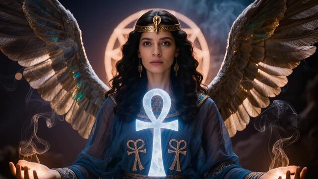Egyptian winged goddess Isis holding glowing ankh symbol with mystic smoke and sacred circle. Powerful divine woman for mythology, spirituality, fantasy and cinematic projects.