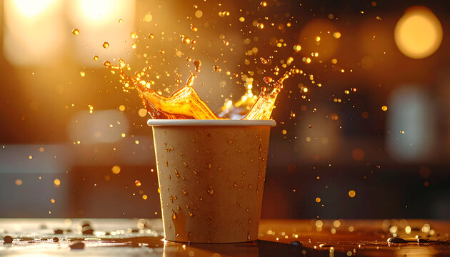 A dynamic splash of coffee erupts from a disposable cup, captured in a warm, golden light.