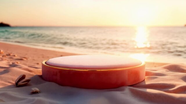 Pink marble podium standing on sandy beach with calm ocean waves at glowing sunset