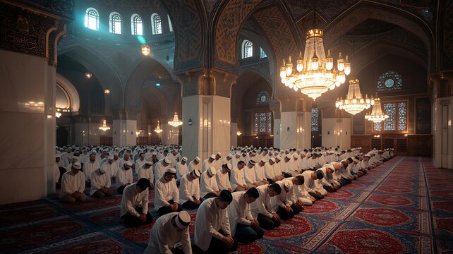 Large group of men in white robes and caps kneeling in prayer inside a mosque with ornate chandeliers and colorful rugs