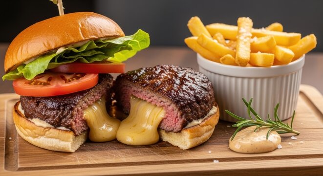 Cheeseburger and fries on a wooden board with rosemary tomato