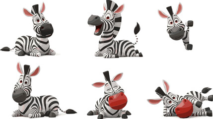 3D Cartoon Zebra Vector Set Featuring Playful Zebras with Red Balls, Laughing, and Lying Down for Fun, Animal, and Kids Illustrations © MstBobita