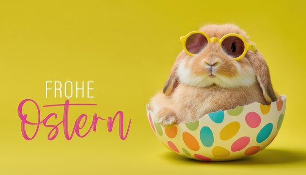 A cute cartoon Easter bunny holds a colorful holiday egg next to a baby chick, creating a fun spring celebration decoration isolated on yellow