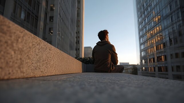 A solitary figure sits on a ledge contemplating the vast modern cityscape at golden hour