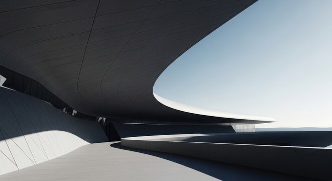 A sleek, modern architectural structure curves under a clear blue sky with sunlight casting shadows.