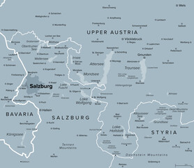 Salzkammergut region, a resort area in Austria, Europe, gray political map. Stretching from city of Salzburg eastwards to Dachstein Mountains, featuring iconic Sound of Music filming locations. Vector