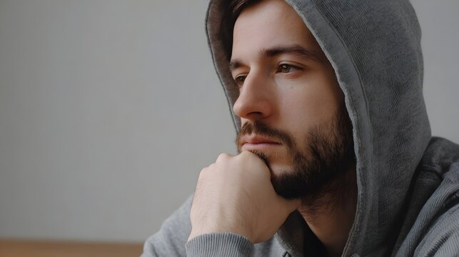 Contemplative side portrait of a man in a gray hoodie resting his hand against his chin suggesting deep thought and reflection